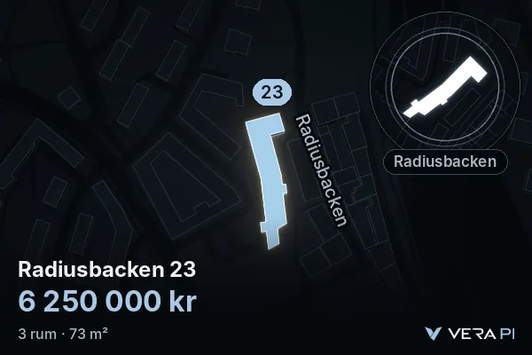 VERA PI's image of Radiusbacken 23: the building in 3D, lit in blue, and the map around it