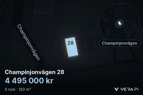 VERA PI's image of Champinjonvägen 28: the building in 3D, lit in blue, and the map around it