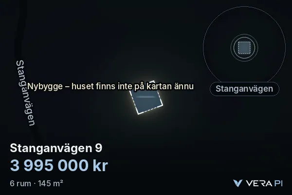 VERA PI:s bild av Stanganvägen 9: huset i 3D, upplyst i blått, och kartan runt omkring