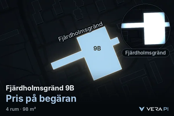 VERA PI:s bild av Fjärdholmsgränd 9B: huset i 3D, upplyst i blått, och kartan runt omkring