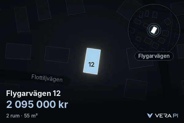 VERA PI's image of Flygarvägen 12: the building in 3D, lit in blue, and the map around it
