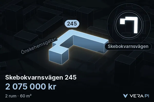 VERA PI:s bild av Skebokvarnsvägen 245: huset i 3D, upplyst i blått, och kartan runt omkring