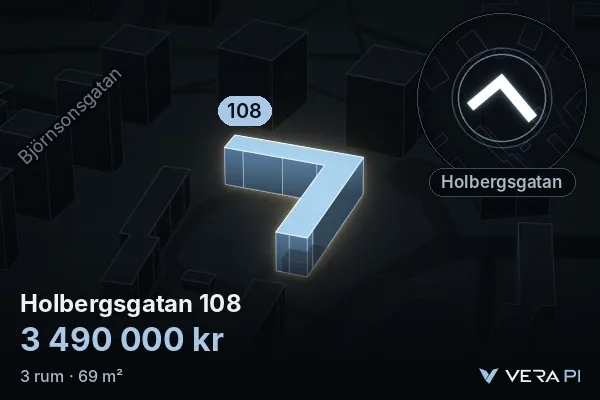 VERA PI:s bild av Holbergsgatan 108: huset i 3D, upplyst i blått, och kartan runt omkring