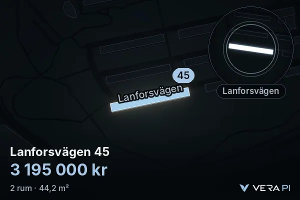 VERA PI's image of Lanforsvägen 45: the building in 3D, lit in blue, and the map around it