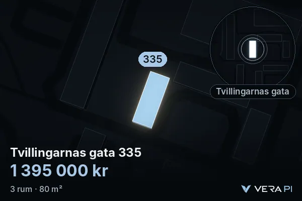 VERA PI:s bild av Tvillingarnas gata 335: huset i 3D, upplyst i blått, och kartan runt omkring