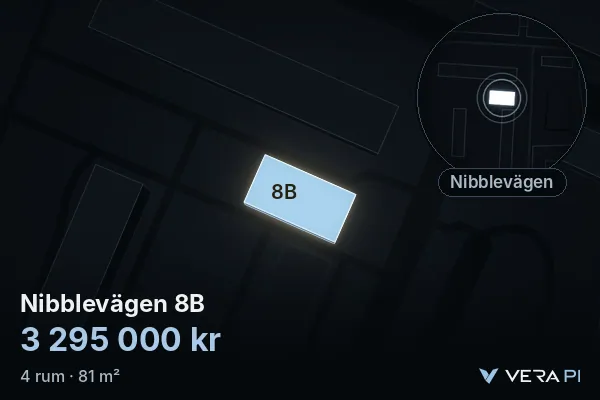 VERA PI's image of Nibblevägen 8B: the building in 3D, lit in blue, and the map around it