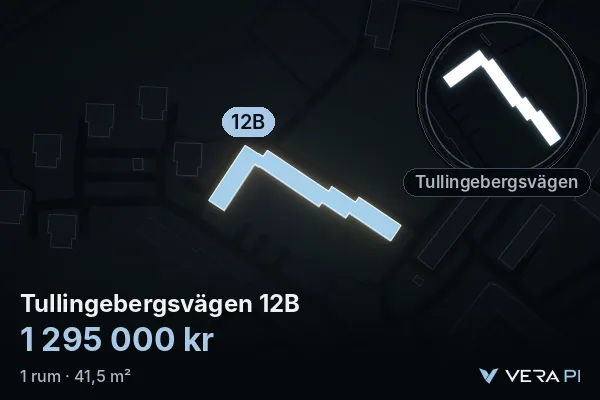 VERA PI's image of Tullingebergsvägen 12B: the building in 3D, lit in blue, and the map around it