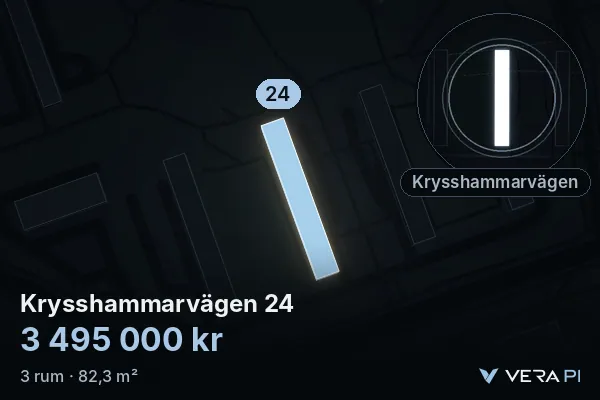 VERA PI's image of Krysshammarvägen 24: the building in 3D, lit in blue, and the map around it