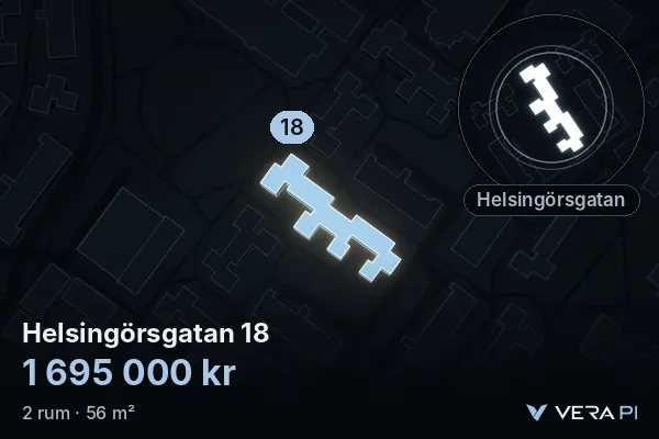 VERA PI's image of Helsingörsgatan 18: the building in 3D, lit in blue, and the map around it