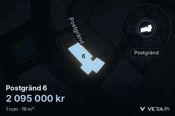 VERA PI's image of Postgränd 6: the building in 3D, lit in blue, and the map around it