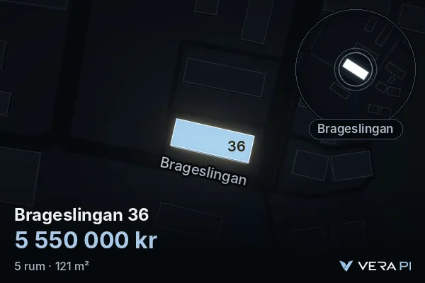 VERA PI's image of Brageslingan 36: the building in 3D, lit in blue, and the map around it
