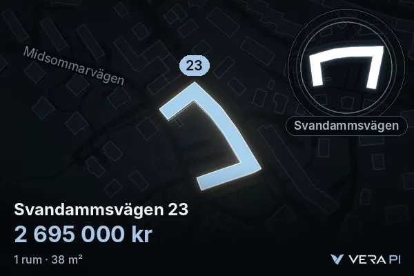 VERA PI:s bild av Svandammsvägen 23: huset i 3D, upplyst i blått, och kartan runt omkring