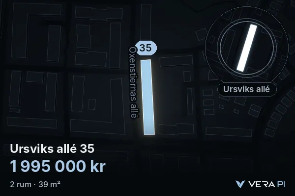 VERA PI:s bild av Ursviks allé 35: huset i 3D, upplyst i blått, och kartan runt omkring