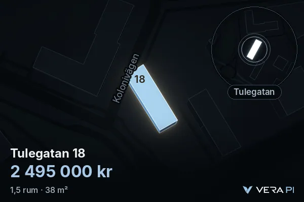 VERA PI:s bild av Tulegatan 18: huset i 3D, upplyst i blått, och kartan runt omkring