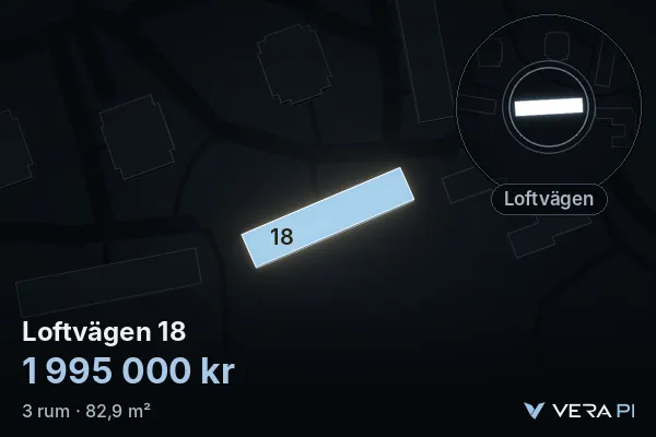 VERA PI's image of Loftvägen 18: the building in 3D, lit in blue, and the map around it