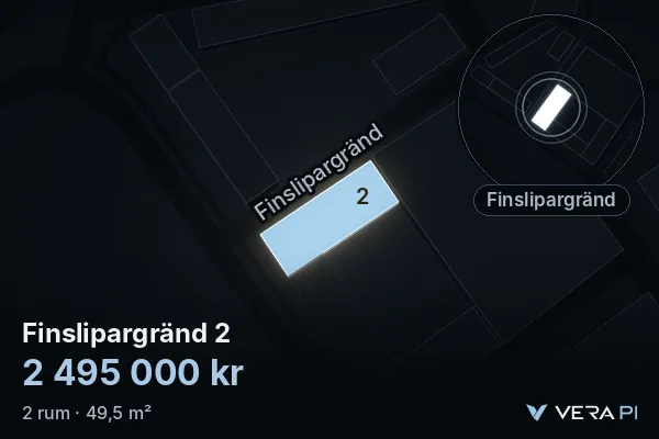 VERA PI's image of Finslipargränd 2: the building in 3D, lit in blue, and the map around it