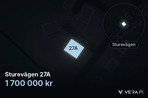 VERA PI:s bild av Sturevägen 27A: huset i 3D, upplyst i blått, och kartan runt omkring