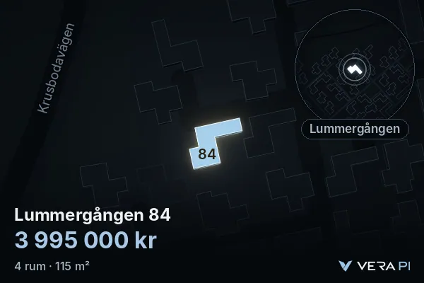 VERA PI's image of Lummergången 84: the building in 3D, lit in blue, and the map around it