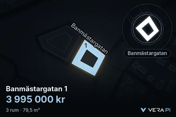 VERA PI's image of Banmästargatan 1: the building in 3D, lit in blue, and the map around it
