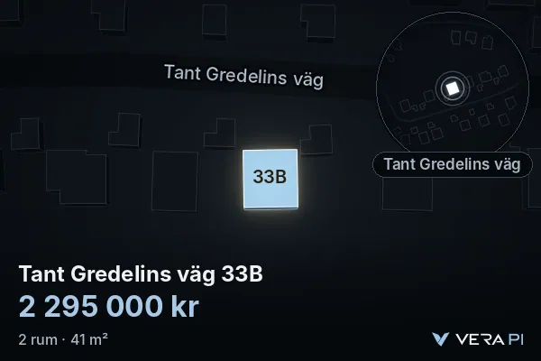 VERA PI's image of Tant Gredelins väg 33B: the building in 3D, lit in blue, and the map around it