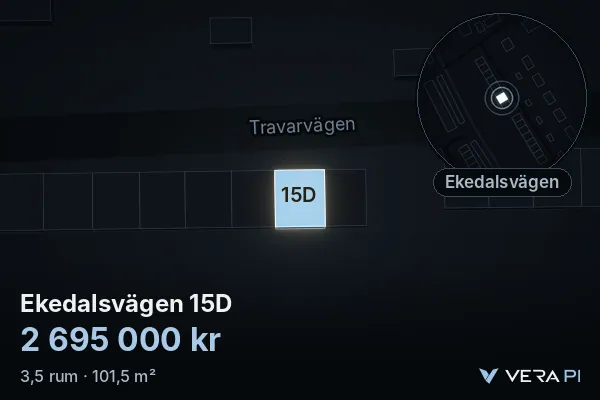 VERA PI's image of Ekedalsvägen 15D: the building in 3D, lit in blue, and the map around it