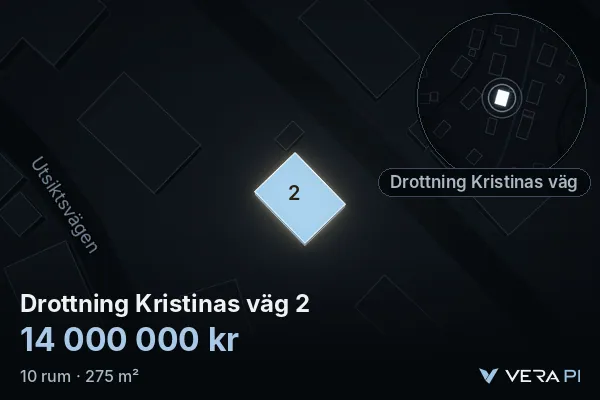 VERA PI's image of Drottning Kristinas väg 2: the building in 3D, lit in blue, and the map around it