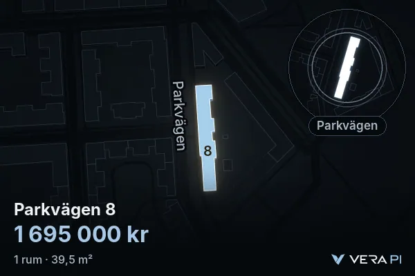 VERA PI's image of Parkvägen 8: the building in 3D, lit in blue, and the map around it
