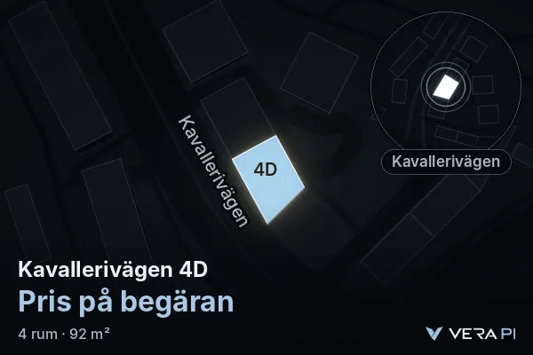 VERA PI:s bild av Kavallerivägen 4D: huset i 3D, upplyst i blått, och kartan runt omkring