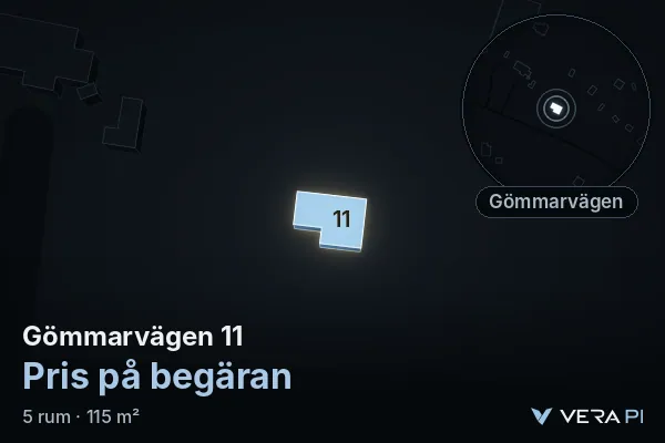 VERA PI:s bild av Gömmarvägen 11: huset i 3D, upplyst i blått, och kartan runt omkring
