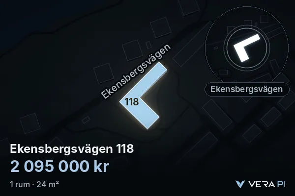 VERA PI:s bild av Ekensbergsvägen 118: huset i 3D, upplyst i blått, och kartan runt omkring