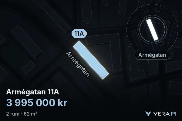 VERA PI's image of Armégatan 11A: the building in 3D, lit in blue, and the map around it