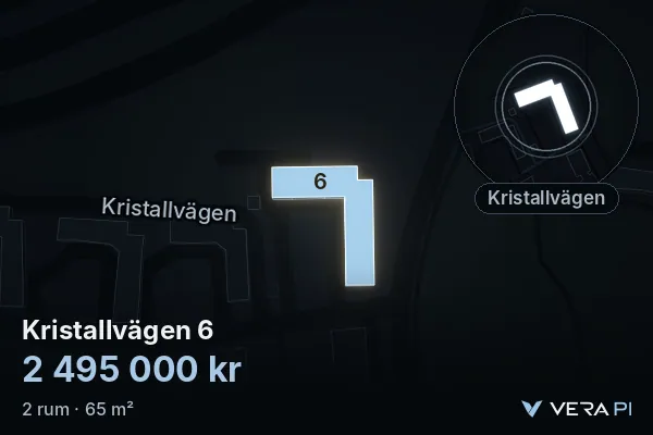 VERA PI:s bild av Kristallvägen 6: huset i 3D, upplyst i blått, och kartan runt omkring