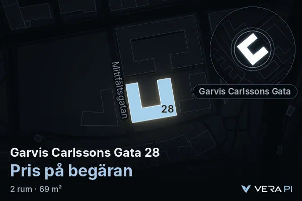 VERA PI:s bild av Garvis Carlssons Gata 28: huset i 3D, upplyst i blått, och kartan runt omkring