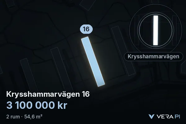 VERA PI's image of Krysshammarvägen 16: the building in 3D, lit in blue, and the map around it