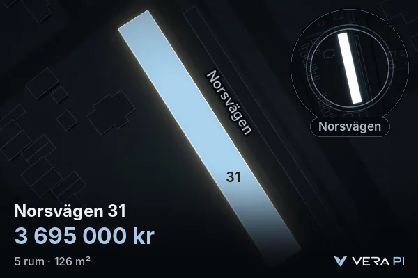 VERA PI's image of Norsvägen 31: the building in 3D, lit in blue, and the map around it