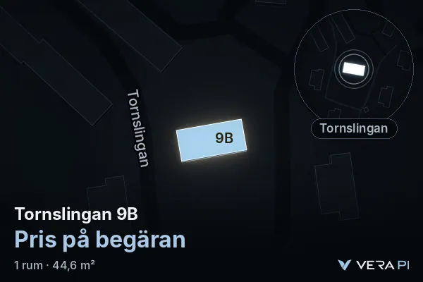 VERA PI:s bild av Tornslingan 9B: huset i 3D, upplyst i blått, och kartan runt omkring