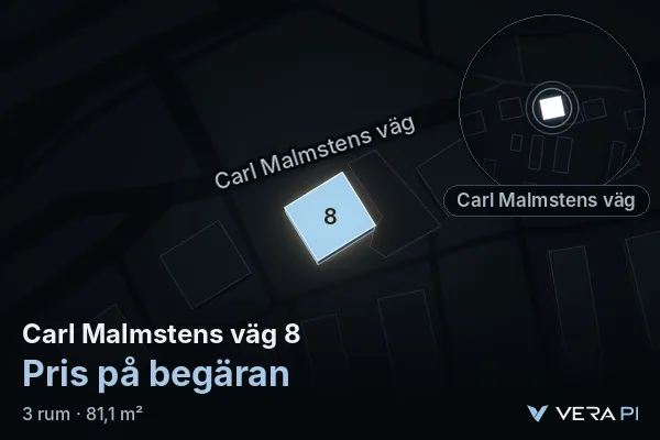 VERA PI:s bild av Carl Malmstens väg 8: huset i 3D, upplyst i blått, och kartan runt omkring