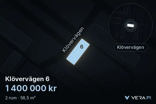VERA PI's image of Klövervägen 6: the building in 3D, lit in blue, and the map around it