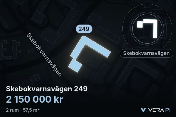 VERA PI:s bild av Skebokvarnsvägen 249: huset i 3D, upplyst i blått, och kartan runt omkring
