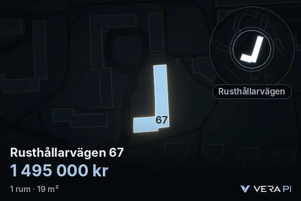 VERA PI:s bild av Rusthållarvägen 67: huset i 3D, upplyst i blått, och kartan runt omkring