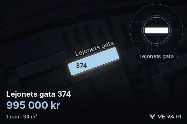 VERA PI:s bild av Lejonets gata 374: huset i 3D, upplyst i blått, och kartan runt omkring