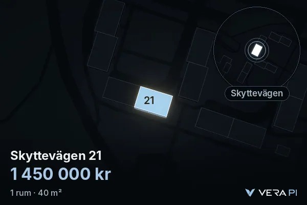 VERA PI's image of Skyttevägen 21: the building in 3D, lit in blue, and the map around it
