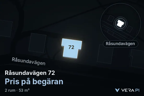 VERA PI:s bild av Råsundavägen 72: huset i 3D, upplyst i blått, och kartan runt omkring