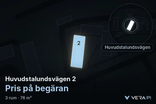 VERA PI:s bild av Huvudstalundsvägen 2: huset i 3D, upplyst i blått, och kartan runt omkring