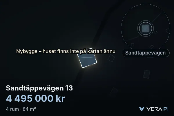 VERA PI:s bild av Sandtäppevägen 13: huset i 3D, upplyst i blått, och kartan runt omkring