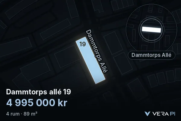 VERA PI's image of Dammtorps allé 19: the building in 3D, lit in blue, and the map around it