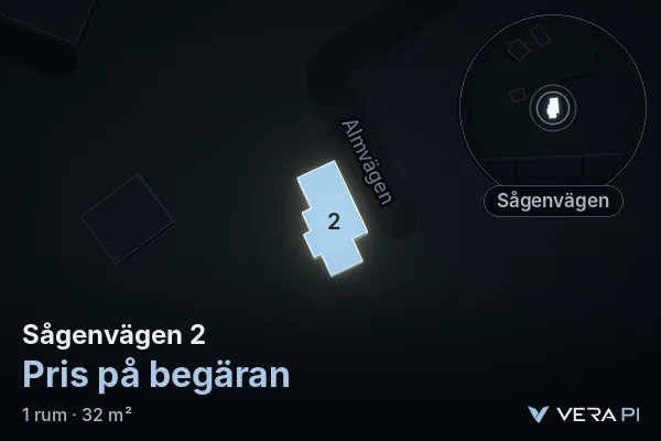 VERA PI:s bild av Sågenvägen 2: huset i 3D, upplyst i blått, och kartan runt omkring
