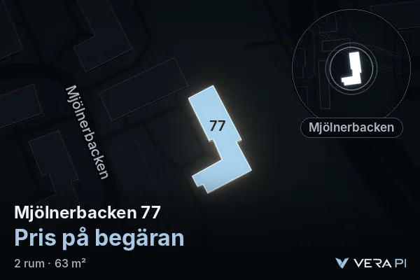 VERA PI:s bild av Mjölnerbacken 77: huset i 3D, upplyst i blått, och kartan runt omkring
