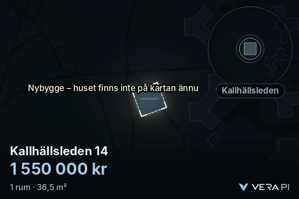 VERA PI's image of Kallhällsleden 14: the building in 3D, lit in blue, and the map around it