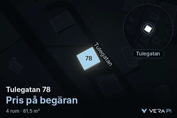 VERA PI:s bild av Tulegatan 78: huset i 3D, upplyst i blått, och kartan runt omkring
